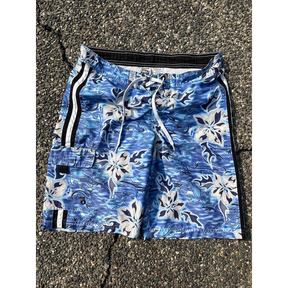 Gecko Hawaii Swim shorts trunks y2k 2000 L 14/16 Teen blue/silver tribal flower